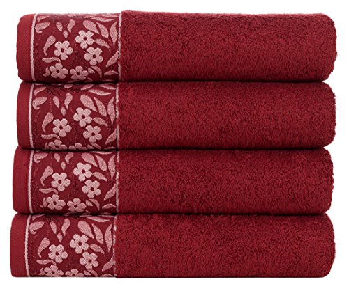 Decorative Bath Towels Set, 4 Pack - Turkish Towel Set with Floral Pattern, Highly Absorbent & Fade Resistant Fabric, 100% Cotton - Claret Red