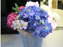 Load image into Gallery viewer, 18&quot;Hx19&quot;Wx19&quot;L Hydrangea/Rose/Peony/Artichoke in MetalContainer Pink Burgundy
