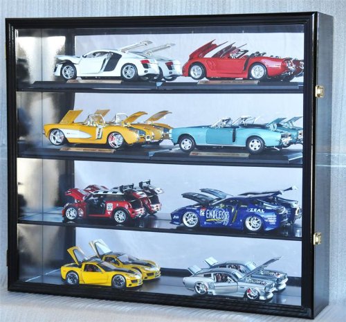 1/18 Scale Diecast Display Case Cabinet Holder Rack w/ UV Protection- Lockable with Mirror Back, Black