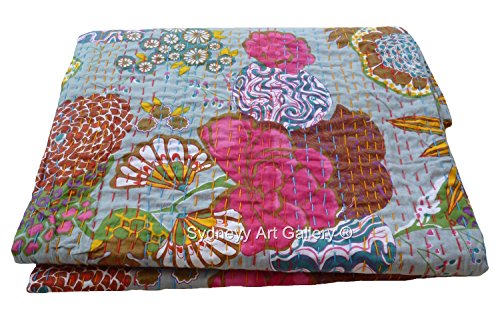 Sydneyy Art Gallery Indian Kantha Quilt, Floral Kantha Rallies, Bohemian Bedding Kantha Reversible Bedsheet/Bedspread (King Size)