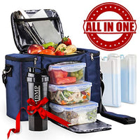 Meal Prep Lunch Bag / Box For Men, Women + 3 Large Food Containers (45 Oz.) + 2 Big Reusable Ice Packs + Shoulder Strap + Shaker With Storage. Insulated Lunchbox Cooler Tote. Adult Portion Control Set