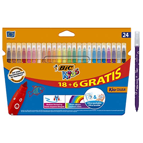 BIC Kids Kid Couleur Felt Tip Colouring Pens - Assorted Colours, Cardboard Wallet of 18+6