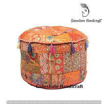 Load image into Gallery viewer, GANESHAM Indian Home Decor Hippie Patchwork Bean Bag Boho Bohemian Hand Embroidered Ethnic Handmade Pouf Ottoman Vintage Cotton Floor Pillow &amp; Cushion (18 inch Dia.)
