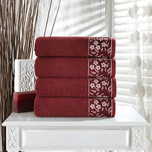 Load image into Gallery viewer, Decorative Bath Towels Set, 4 Pack - Turkish Towel Set with Floral Pattern, Highly Absorbent &amp; Fade Resistant Fabric, 100% Cotton - Claret Red
