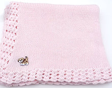 Load image into Gallery viewer, Knitted Crochet Finished Pink Cotton White Trim Baby Blanket With Brown Dog
