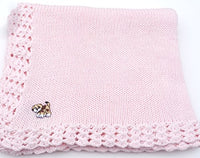 Knitted Crochet Finished Pink Cotton White Trim Baby Blanket With Brown Dog