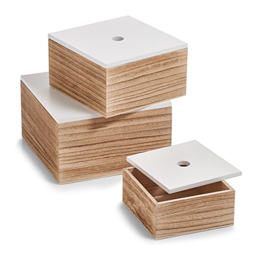 Zeller 15148 Storage Box, Set of 3, Approx. 16 x 16 x 8 cm, 20 x 20 x 11.2 cm, 24 x 24 x 14 cm, White/Natural, Wood