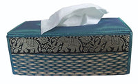 Handmade Rectangular Woven Tissue Box Cover Made From Thai Natural Reed Straw with Striped Elephant Design