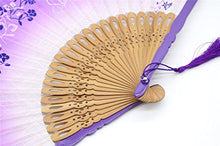 Load image into Gallery viewer, OMyTea 8.27&quot;(21cm) Women Hand Held Silk Folding Fans with Bamboo Frame - with a Fabric Sleeve for Protection for Gifts - Chinese/Japanese Style Butterflies &amp; Morning Glory Flowers Pattern (Purple)
