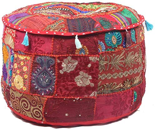 GANESHAM Indian Hippie Vintage Cotton Floor Pillow & Cushion Patchwork Bean Bag Chair Cover Boho Bohemian Hand Embroidered Handmade Pouf Ottoman (Red, 13