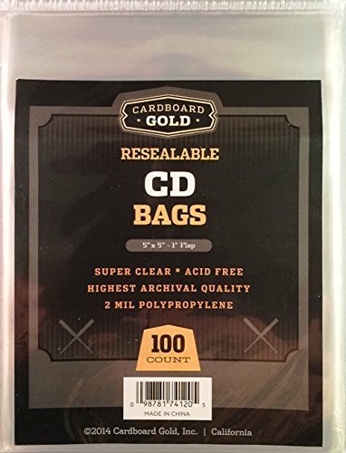 Cardboard Gold 100 CBG Resealable CD/DVD Bags Sleeves - Archival Quality Protection for Your CD's or DVD's