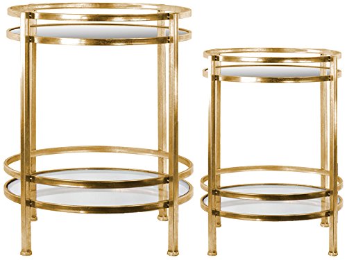 Urban Trends Round Table with Beveled Mirror Top and Clear Glass Base Shelf Metal Finish (Set of 2), Gold
