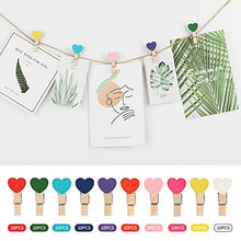Load image into Gallery viewer, 100Pcs Heart Mini Wooden Clothespin with 100 Feet Jute Twine Photo Clips 3.5cm Wood Craft Clips for Photography Home Decor (Multicolor)
