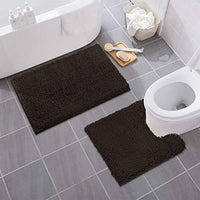 MAYSHINE Bathroom Rug Toilet Sets and Shaggy Non Slip Machine Washable Soft Microfiber Bath Contour Mat (Brown, 32x20 / 20x20 Inches U-Shaped)