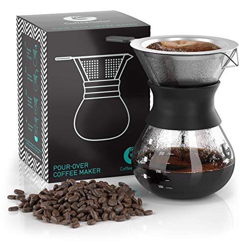 Coffee Gator Pour Over Coffee Maker - 10.5 oz Paperless Coffee Pour Over Set w/ Glass Carafe & Stainless-Steel Mesh Filter, Black