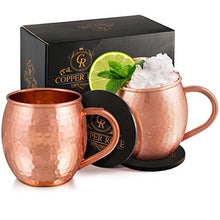 Load image into Gallery viewer, Copper Roze Moscow Mule Copper Mugs Gift Set of 2 Copper Mule Mugs and 2 Coasters, 100% Pure Solid Copper Cups with Hammered Finish
