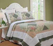 Load image into Gallery viewer, Cozy Line Home Fashions Floral Real Patchwork Olive Green Pink Scalloped Edge Country 100% Cotton Quilt Bedding Set, Reversible Coverlet Bedspread for Women (Williamsburg, King - 3 Piece)

