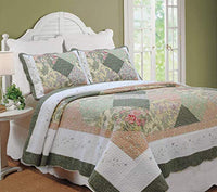 Cozy Line Home Fashions Floral Real Patchwork Olive Green Pink Scalloped Edge Country 100% Cotton Quilt Bedding Set, Reversible Coverlet Bedspread for Women (Williamsburg, King - 3 Piece)