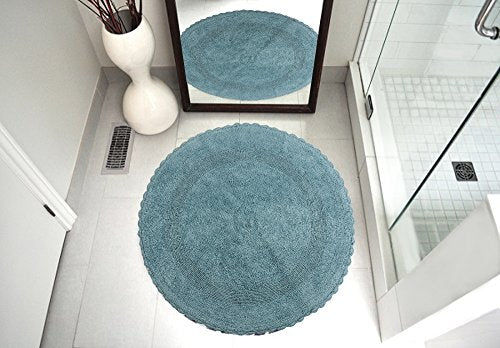 Saffron Fabs Bath Rug 100% Soft Cotton 36 Inch Round, Reversible-Different Pattern On Both Sides, Solid Arctic Blue Color, Hand Knitted Crochet Lace Border, Hand Tufted, 200 GSF Wt, Machine Washable