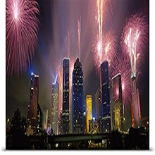 Load image into Gallery viewer, GREATBIGCANVAS Entitled Fireworks Over Buildings in a City, Houston, Texas Poster Print, 90&quot; x 30&quot;, Multicolor
