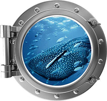 Load image into Gallery viewer, 24&quot; Port Scape Whale Shark Porthole Silver 3D Window Wall Decal Instant Under The Sea Water Ocean Fish Childrens Wall Art Kids Room Nursery Decor Removable Fabric Vinyl Peel and Stick
