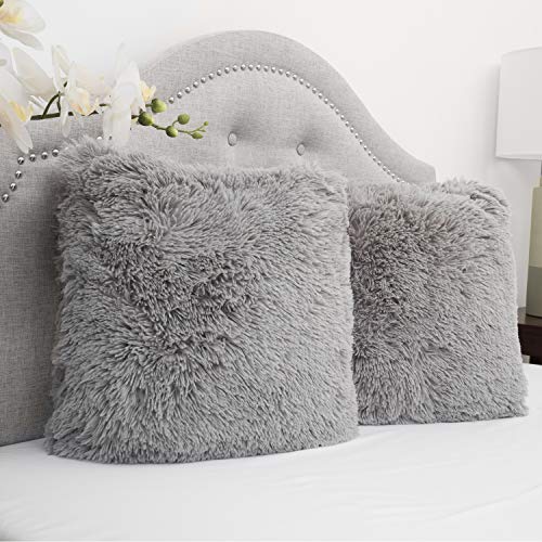 Sweet Home Collection 2Pk Plush pillow Faux Fur - Soft and Comfy Throw pillow - Silver