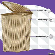 Load image into Gallery viewer, Superio Corner Laundry Hamper Basket With Lid 50 Liter, Beige Wicker Hamper - Durable, Lightweight Bin With Cutout Handles, Storage Dirty Cloths, Space Saver Curved Shape Design
