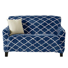Load image into Gallery viewer, Modern Velvet Plush Love Seat Slipcover. Strapless One Piece Stretch Loveseat Cover. Love Seat Cover for Living Room. Magnolia Collection Slipcover. (Love Seat, Navy)
