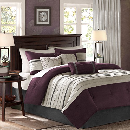 Madison Park - Palmer 7 Piece Comforter Set - Plum - California King - Pieced Microsuede - Includes 1 Comforter, 3 Decorative Pillows, 1 Bed Skirt, 2 Shams