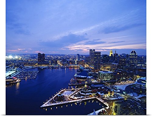 GREATBIGCANVAS Entitled High Angle View of a City lit up at Dusk, Baltimore, Maryland Poster Print, 60