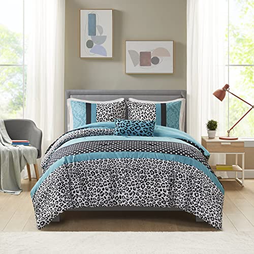 Mi Zone Kids Comforter Set Fun Bedroom Dcor - Modern All Season Polka Dot Print, Vibrant Color Cozy Bedding Layer, Matching Sham, Decorative Pillow, Twin/Twin XL, Leopard Teal 3 Piece
