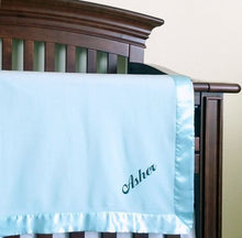 Load image into Gallery viewer, Asher Embroidered Boy Name Embroidery Microfleece Satin Trim Blue Baby Blanket
