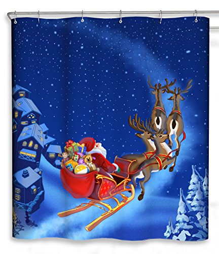 CHUN YI Christmas Shower Curtains, Santa Claus Merry Christmas Holiday Waterproof Shower Bathroom Decoration, with 12 Stitched Plastic Holes(Dark Blue), 72