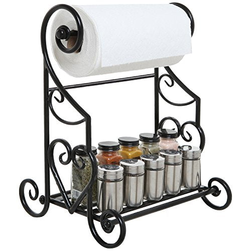 MyGift Black Metal Paper Towel Holder Stand and Slatted Condiment Shelf Rack with Decorative Scrollwork Design