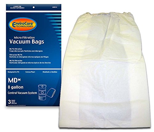 EnviroCare Replacement Micro Filtration Cleaner Dust Bags for Modern Day 8 Gallon Central Vacuums 3 Pack, White