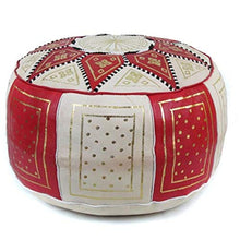 Load image into Gallery viewer, IKRAM DESIGN Fez Moroccan Leather Pouf, Red/Beige, 18-Inch by 15-Inch
