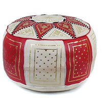 IKRAM DESIGN Fez Moroccan Leather Pouf, Red/Beige, 18-Inch by 15-Inch
