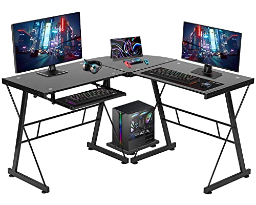 L Shaped Computer Desk,Gaming Desk Home Office Corner Desk Toughened Glass Writing Study PC Modern Executive Table with Keyboard CPU Stand for Kids Student Women Men