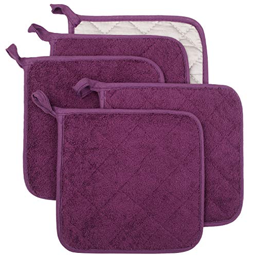 Lifaith 100% Cotton Kitchen Everyday Basic Terry Pot Holder Heat Resistant Coaster Potholder for Cooking and Baking Set of 5 Grape