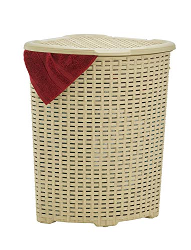 Superio Corner Laundry Hamper Basket With Lid 50 Liter, Beige Wicker Hamper - Durable, Lightweight Bin With Cutout Handles, Storage Dirty Cloths, Space Saver Curved Shape Design