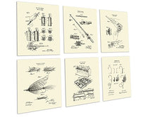 Fly Fishing Decor Set of 6 Unframed Cream Art Prints Fly Rod and Fly Lure Patents