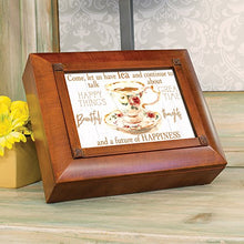 Load image into Gallery viewer, Let Us Have Tea Talk Happy Times Woodgrain Embossed Tea Storage Jewelry Box
