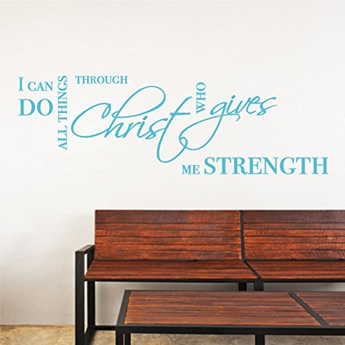 All Things Through Christ Strength Wall Sticker Bible Quote Popular Removable Vinyl Religious Jesus Words Decal (Geyser Blue, 9x36 inches)