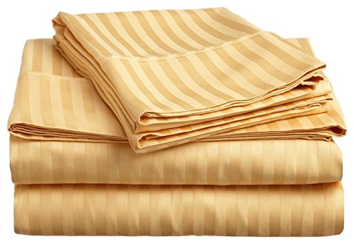 Dreamz Bedding- 500-Thread-Count Egyptian Cotton Bed Sheet Set 15 Inch Extra Deep Pocket Queen Bed Size, Gold Striped 500TC 100% Cotton Sheet Set