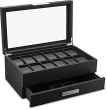 Load image into Gallery viewer, Glenor Co Watch Box with Valet Drawer for Men - 12 Slot Luxury Watch Case Display Organizer, Carbon Fiber Design - Metal Buckle for Mens Jewelry Watches, Men&#39;s Storage Boxes Holder has Large Glass Top
