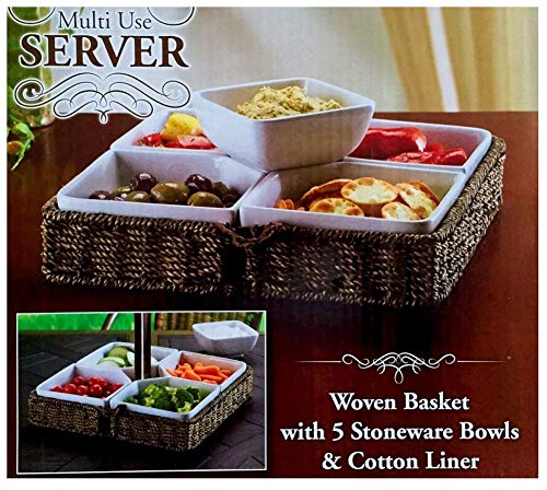 Sam's West Multi Use Server Woven Basket with 5 Stoneware Bowls & Cotton Liner