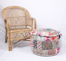 Load image into Gallery viewer, NANDNANDINI - Beautiful Christmas Decorative Bohemian Ottoman Patchwork Ottoman Indian Embroidered Indian Vintage Cotton Round Pouf Foot Stool , Vintage Patch Work Ottoman
