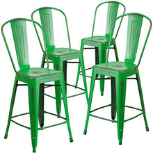 Load image into Gallery viewer, Flash Furniture Commercial Grade 4 Pack 24&quot; High Distressed Green Metal Indoor-Outdoor Counter Height Stool with Back
