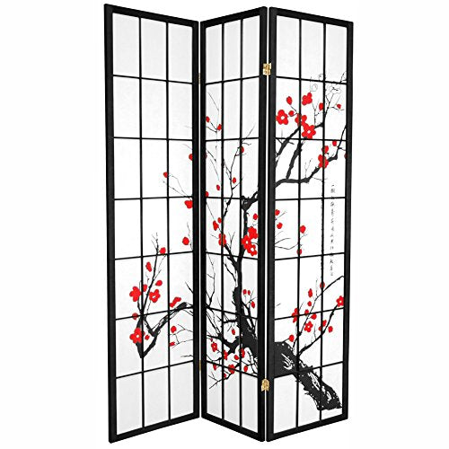 Oriental Furniture 6 ft. Tall Flower Blossom Divider - Black - 3 Panels