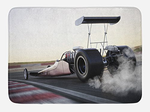 Ambesonne Cars Bath Mat, Dragster Racing Down The Track with Burnout Competition Speed Sports Technology, Plush Bathroom Decor Mat with Non Slip Backing, 29.5
